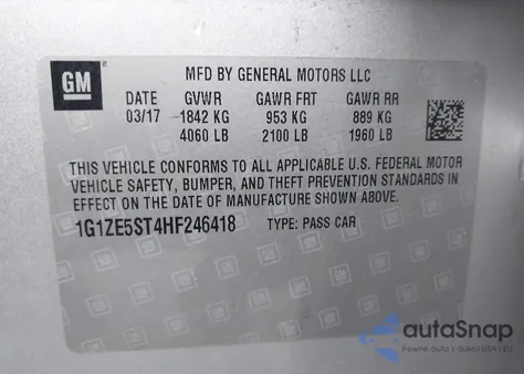 2017 Chevrolet Malibu 1Lt z USA, uszkodzony, nr VIN 1G1ZE5ST4HF246418